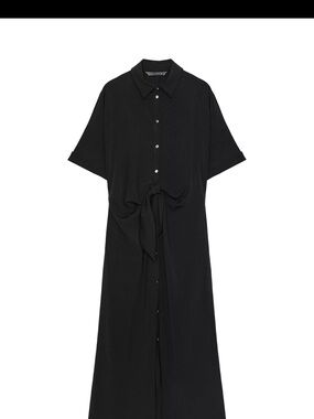 Zara Black Midi Shirt Dress with Front Tie